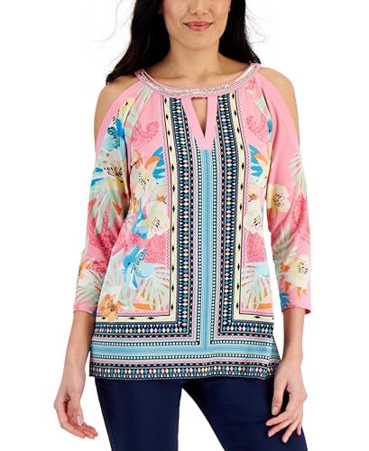 JM Collection Womens Mixed Print Cold Shoulder Top