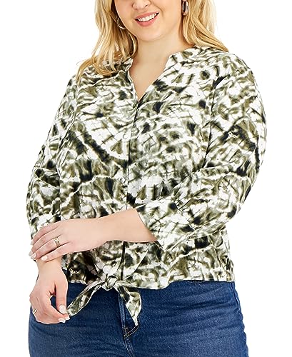 INC International Concepts Plus Size Printed Tie Front Button Down Blouse