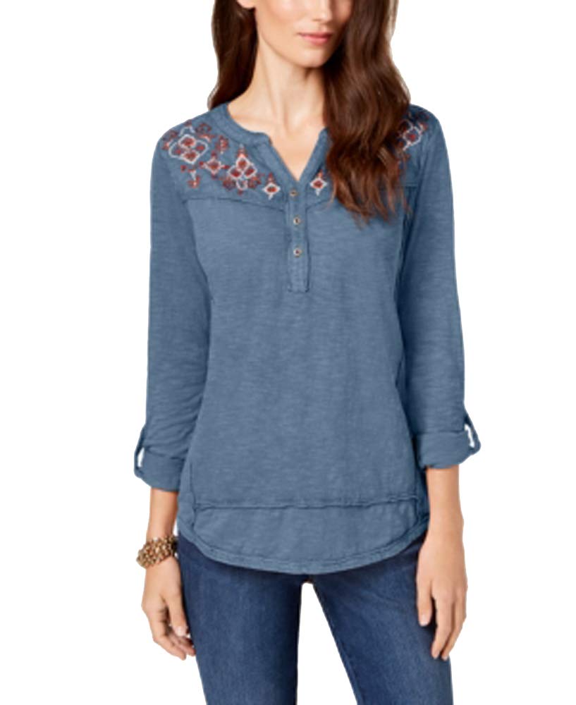 Style & Co Petite Cotton Embroidered Split Neck Top