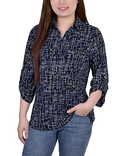 Women's 3/4 Ruched Sleeve Studded Y-neck Top