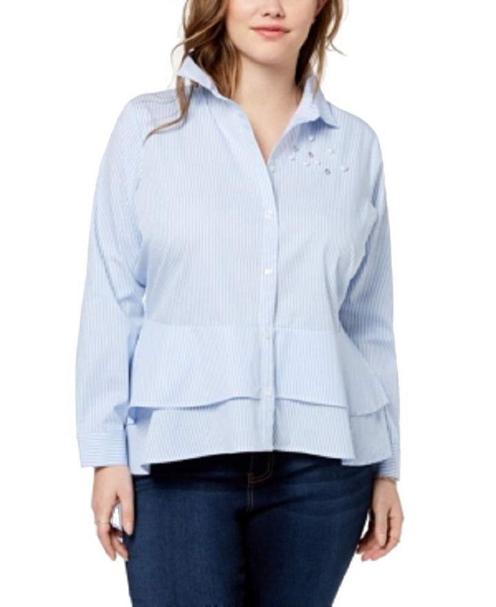 Almost Famous Trendy Plus Size Cotton Embellished High Low Peplum Shirt