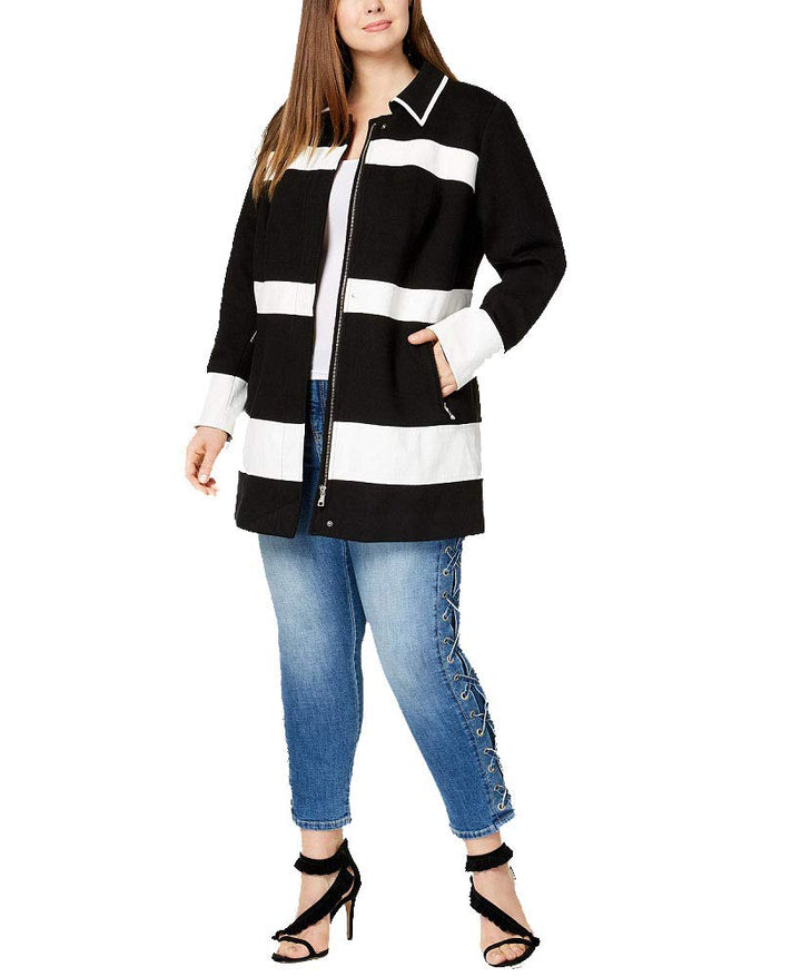 Plus Size Mixed Media Striped Jacket