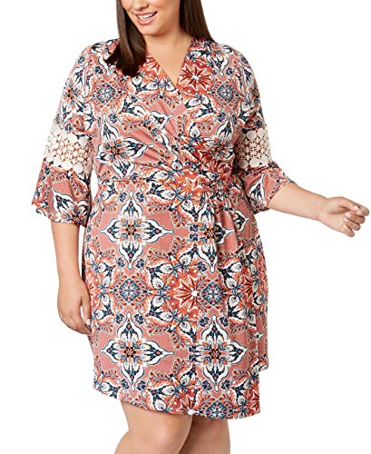 NY Collection Plus Petite Plus Size Printed Crochet Sleeve Wrap Dress