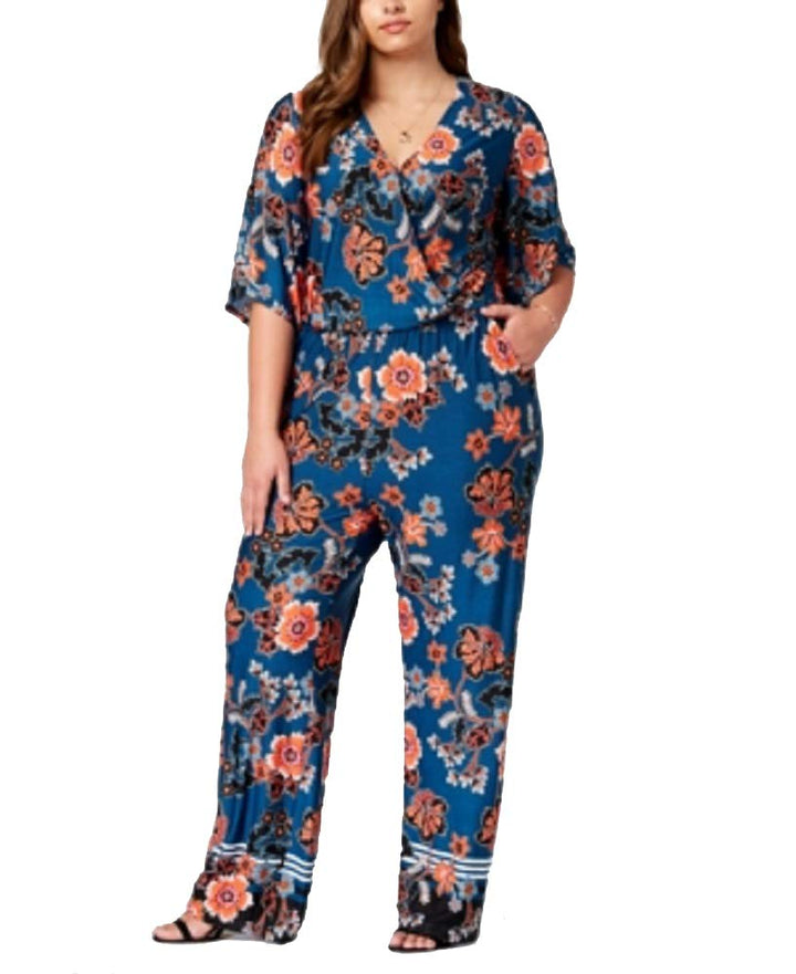 NY Collection Plus Size Printed Kimono Sleeve Jumpsuit