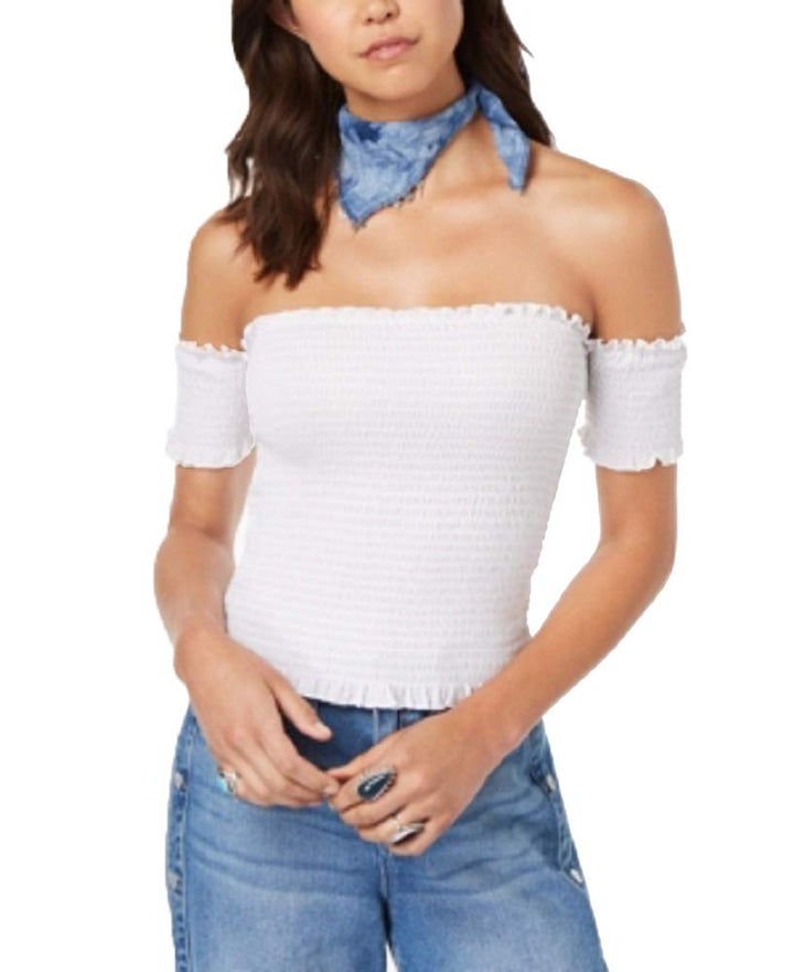 Juniors' Smocked Off-The-Shoulder Crop Top