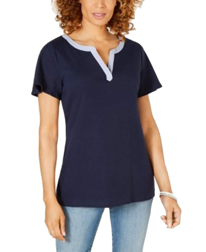 Karen Scott Striped Trim Split Neck Top