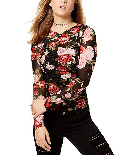 Material Girl Juniors Ruched Rose Print Mesh Top