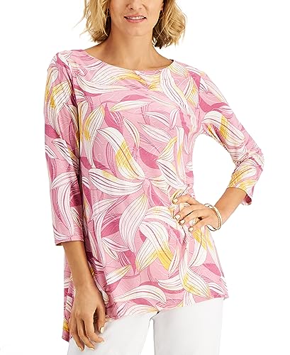 JM Collection Swirl Print Jacquard Asymmetrical Hem Top