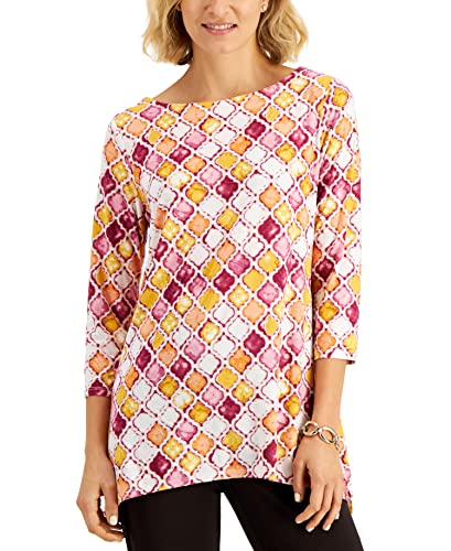 JM Collection Printed Jacquard Asymmetrical Hem Top