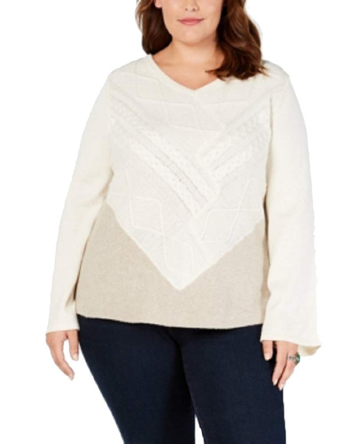 Plus Size V-Neck Mixed-Stitch Sweater