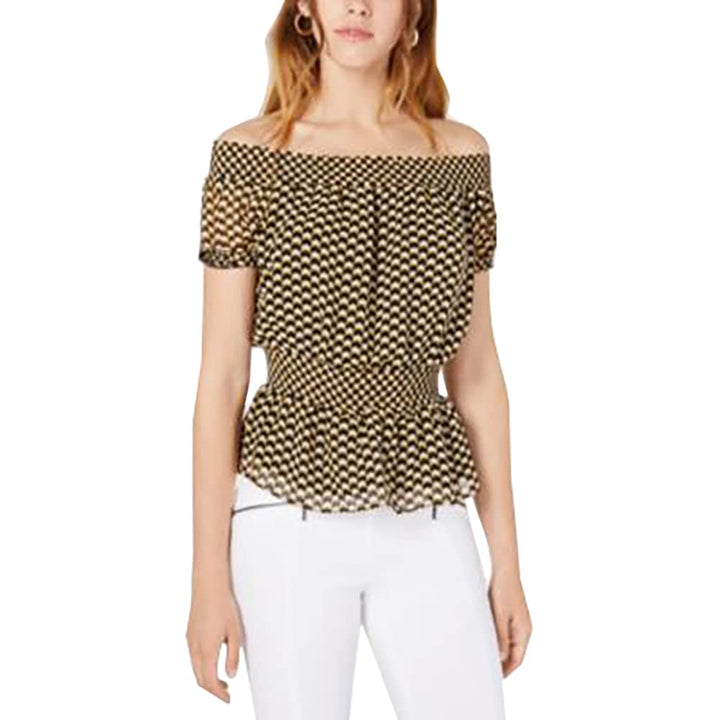 Bar III Geometric Print Smocked Top