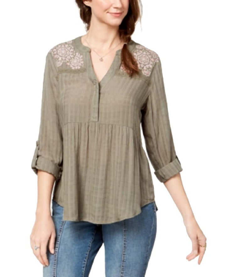 Embroidered Roll-Tab-Sleeve Shirt