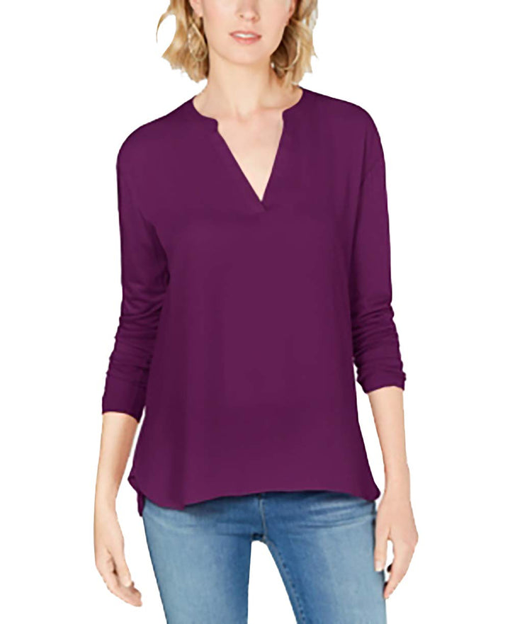 Mixed Materials Split Neck Top