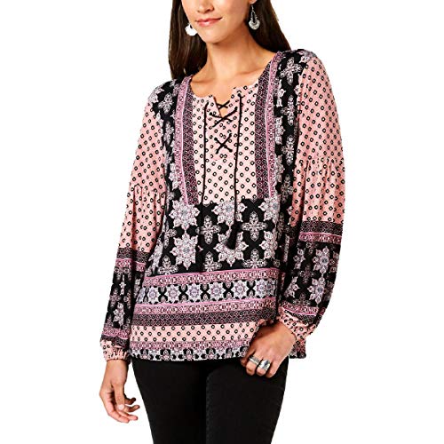 Style & Co Petite Printed Lace Up Peasant Top