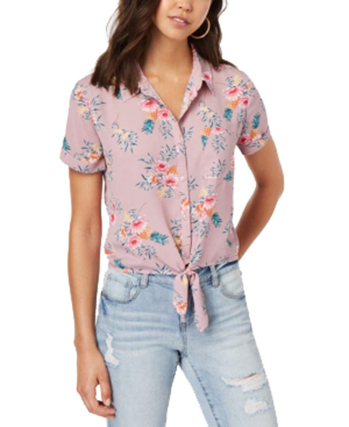 Hippie Rose Juniors Printed Tie Front Camp Shirt