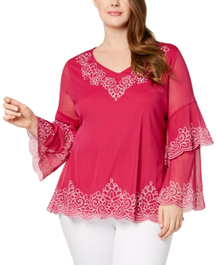 Plus Size Embroidered Spiral-Sleeve Top