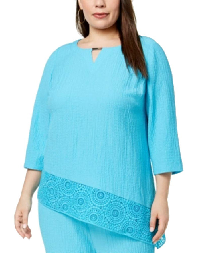 JM Collection Plus Size Crinkle Crochet Hem Top