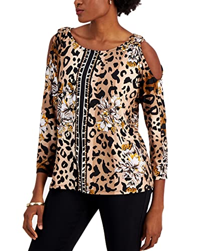 JM Collection Womens Cheetah Garden Cold Shoulder Top