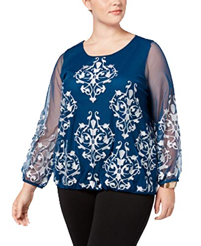 Alfani Plus Size Embroidered Mesh Sleeve Blouse