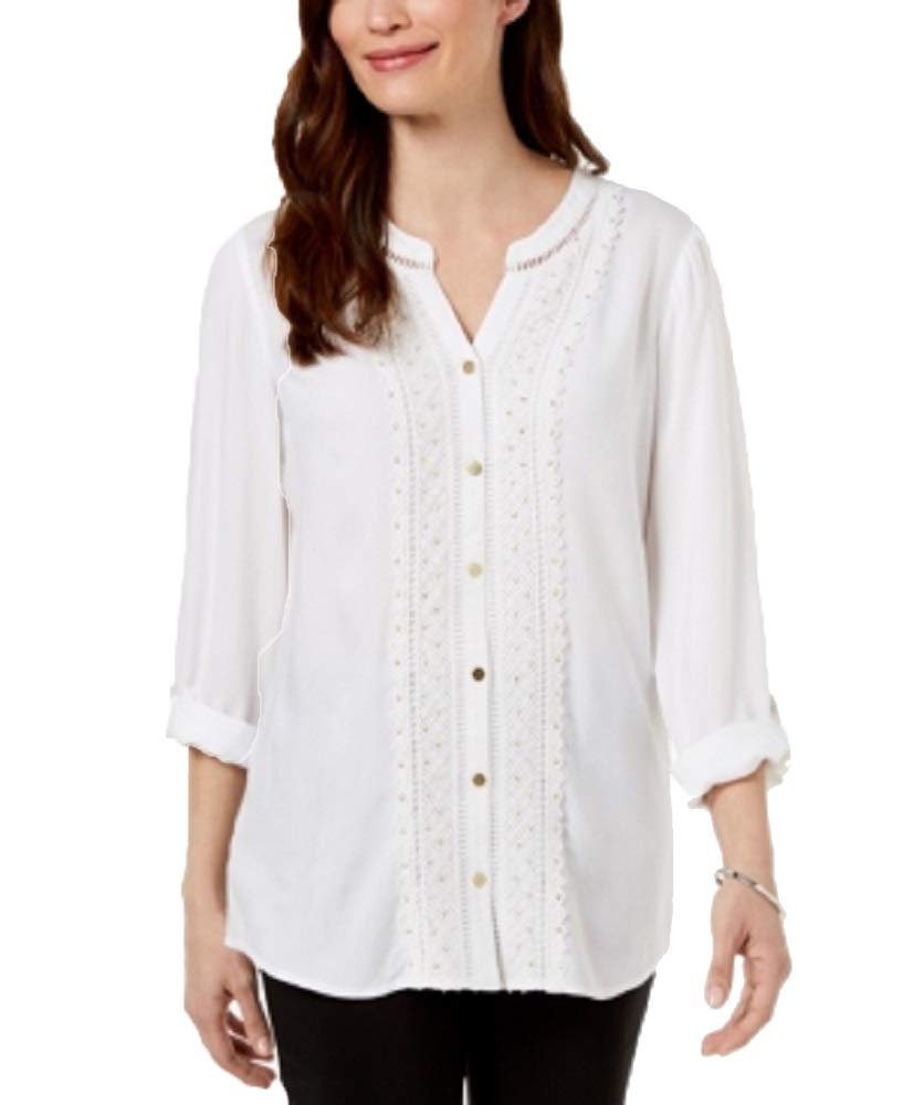 JM Collection Petite Embellished Crochet Front Shirt