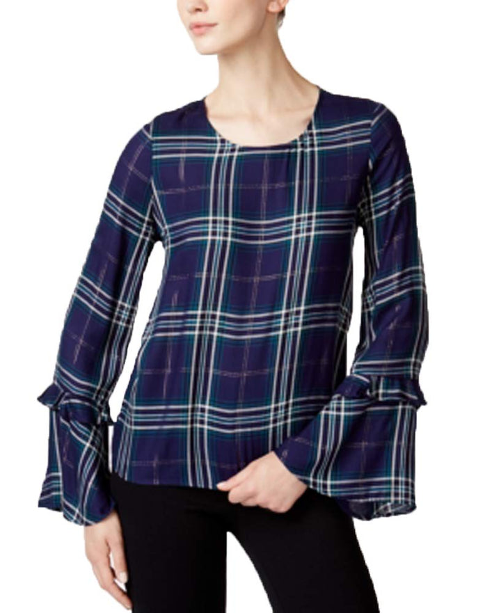 Maison Jules Plaid Bell Sleeve Top