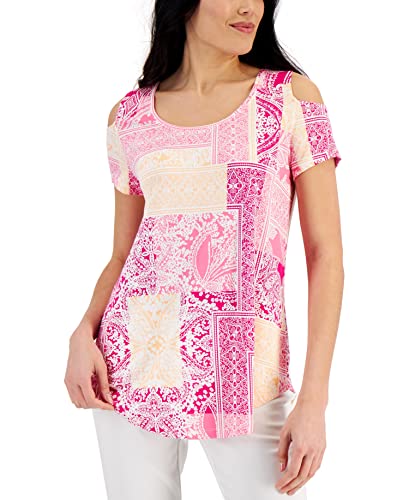 JM Collection Womens Patchwork Print Cold Shoulder Top
