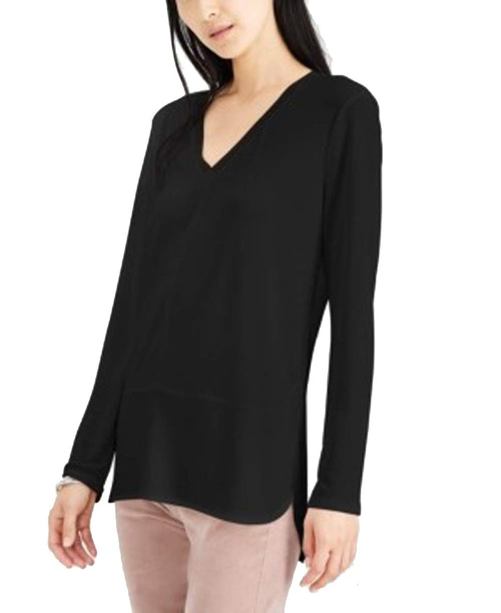 Bar III Long Sleeve V Neck Mixed Media Mesh Top