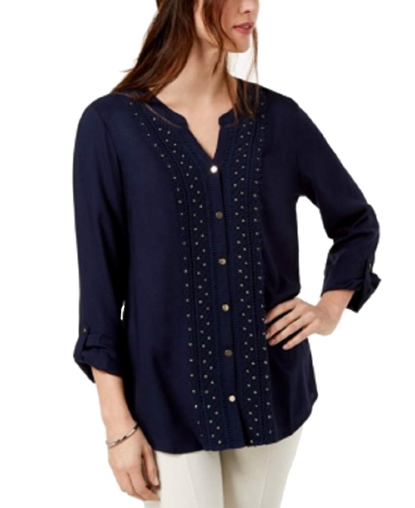 JM Collection Petite Embellished Crochet Front Shirt
