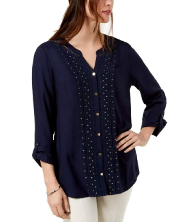 JM Collection Petite Embellished Crochet Front Shirt