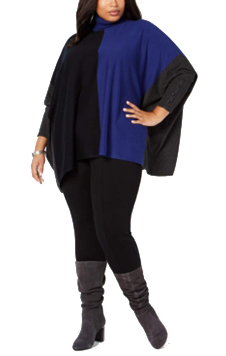 Plus Size Turtleneck Colorblock Poncho Sweater