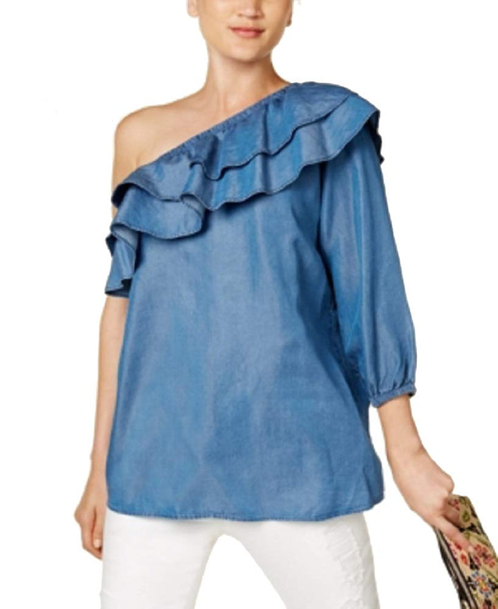 INC International Concepts One Shoulder Ruffled Chambray Top