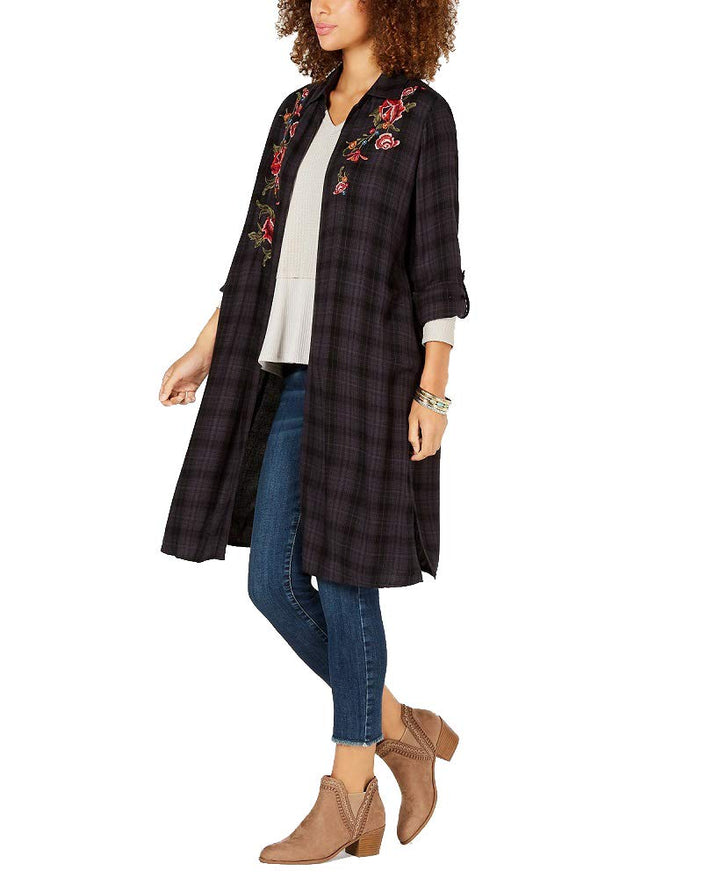 Style & Co Flower Embroidered Plaid Completer Shirt