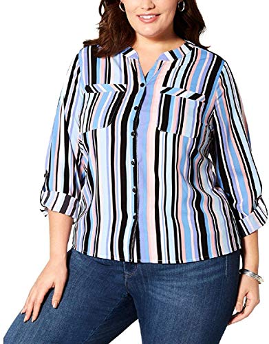 NY Collection Plus Size Printed Button Front Roll Tab Shirt