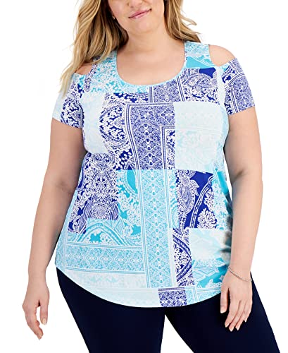 JM Collection Plus Size Printed Cold Shoulder Top