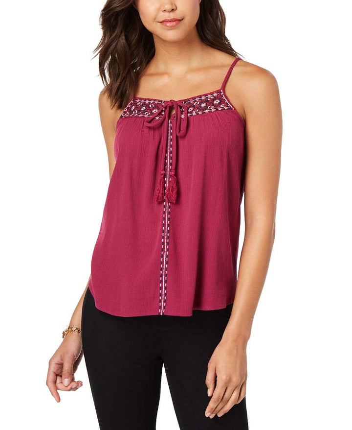 Juniors' Embroidered Tie-Front Tank Top