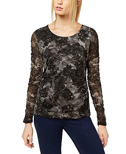 Lace Print Mesh Ruched Sleeve Top