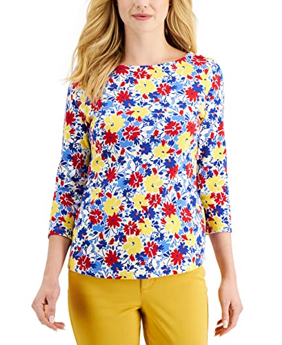 Charter Club Petite Floral Print 3/4 Sleeve Cotton Top