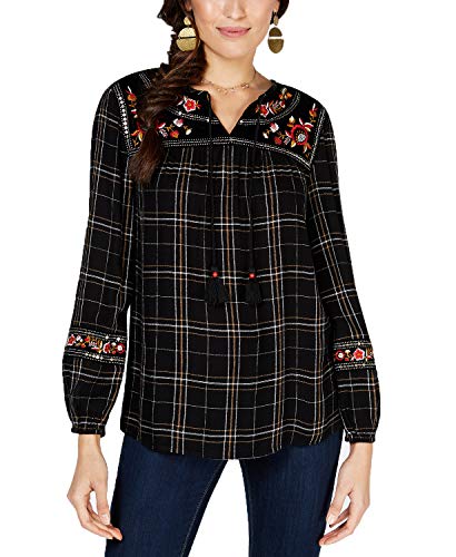 Embroidered Plaid Peasant Top