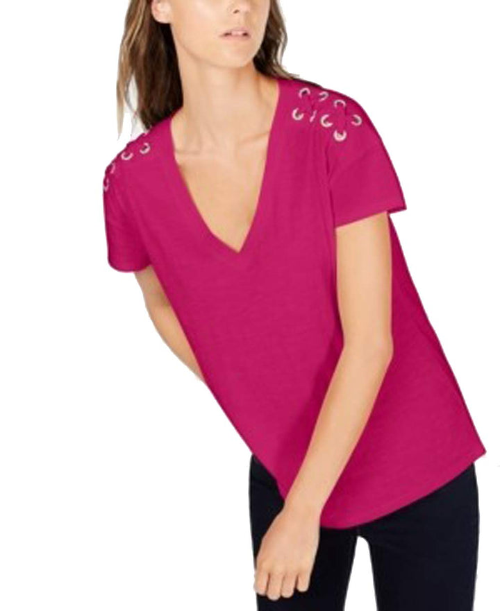 INC Petite Cotton Crisscross-Trim Grommeted Top