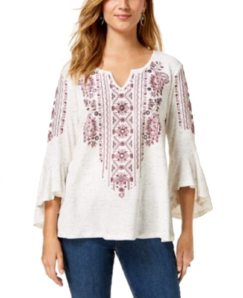 Printed Split-Neck Angel-Sleeve Top