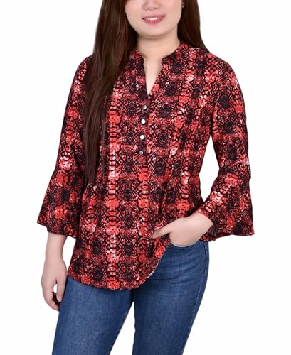 Petite 3/4 Bell Sleeve Printed Pleat Front Y-neck Top