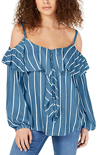 INC Petite Striped Cold-Shoulder Flounce Top