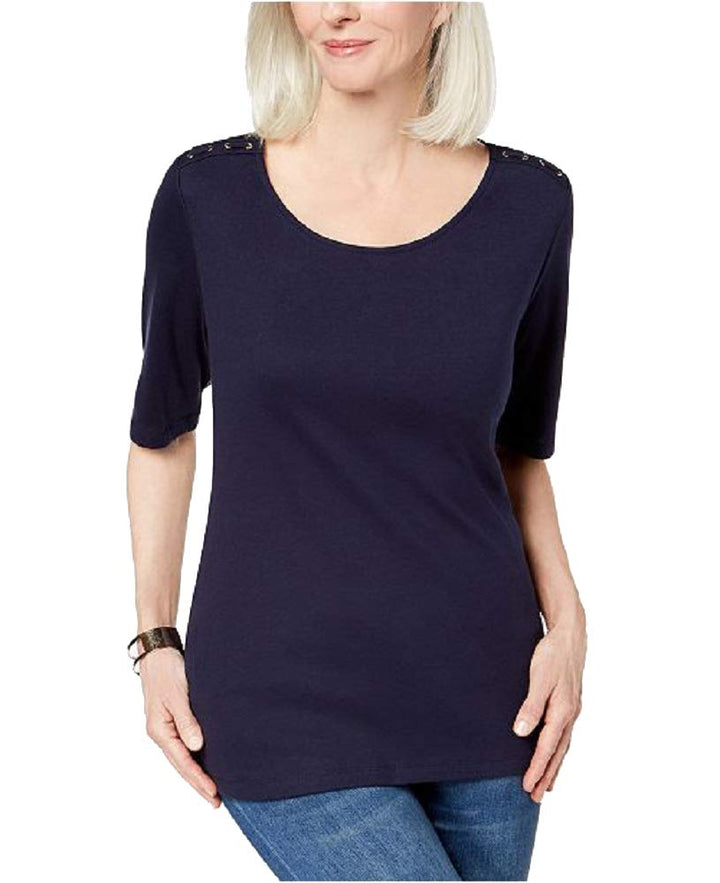Karen Scott Cotton Laced Shoulder T-Shirt