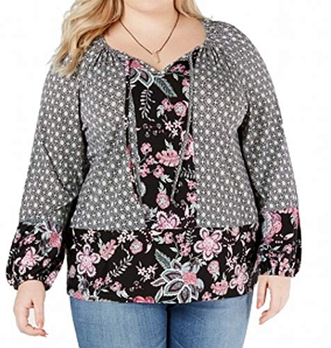 Plus Size Mixed-Print Bishop-Sleeve Top