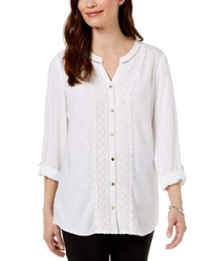 JM Collection Petite Embellished Crochet Front Shirt