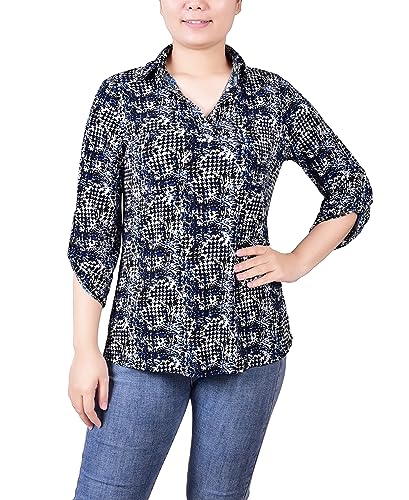 Women's 3/4 Ruched Sleeve Studded Y-neck Top