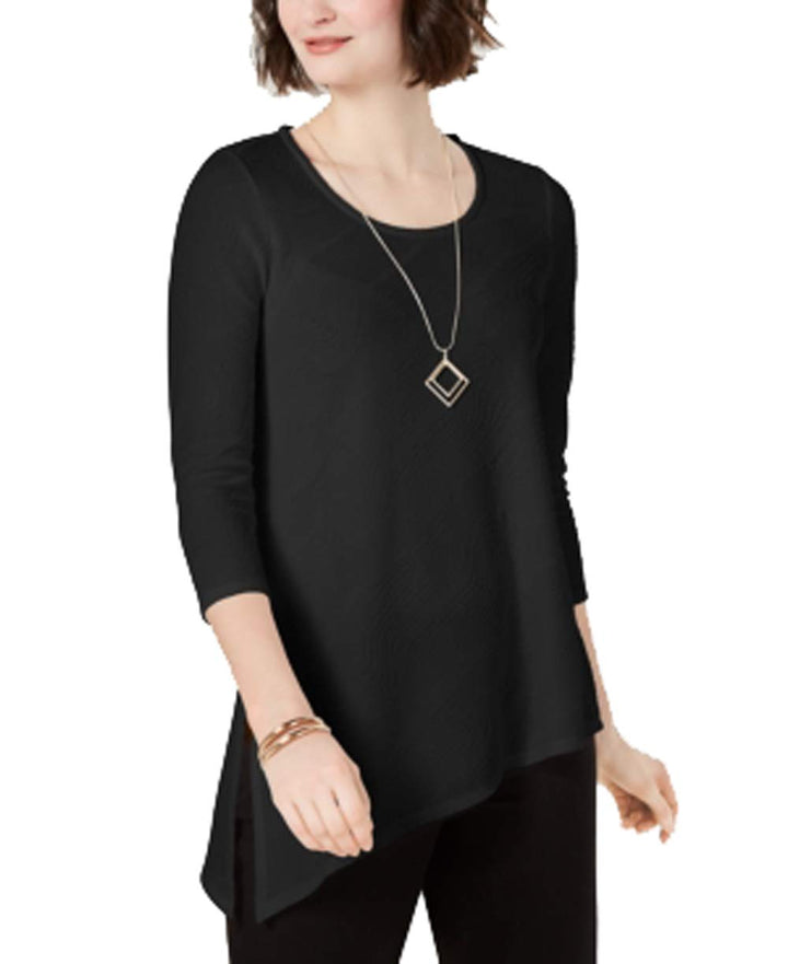 JM Collection Attached-Necklace Asymmetrical Tunic (Deep Black, XL)
