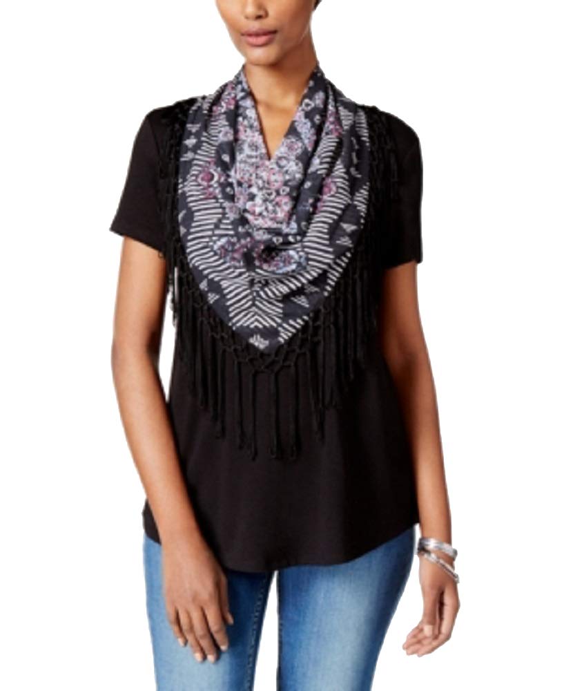 Style & Co Petite T-Shirt With Printed Fringe Scarf