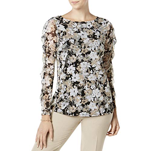 Charter Club Floral Print Ruffled Sleeve Mesh Top