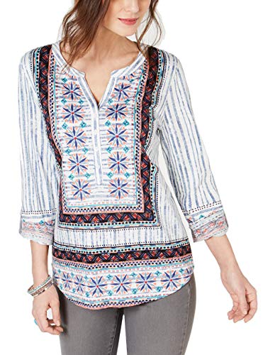 Style & Co Mixed Print Roll Tab Sleeve Top